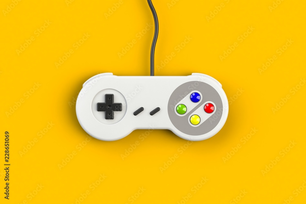 Poster video game console gamepad. gaming concept. top view retro joystick isolated on yellow background, 3