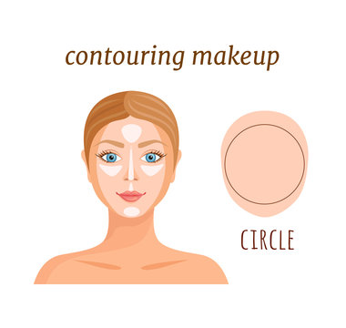 Highlighting and shading for round female face. Vector makeup tutorial.