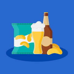 Set of Beer bottle, glass and tomato chips isolated on blue background. Vector illustration for banners, posters, restaurant and pub menu.