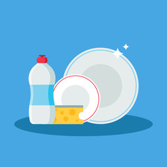 Dishwashing Set vector illustration in modern flat style. Collection of dishwashing liquid, sponge and dishes flat icons isolated on blue background.