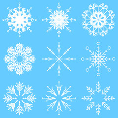 Vector collection of artistic icy abstract crystal snow flakes isolated on background as winter december decoration group or collection. Ice or frost beautiful star ornament silhouette or season art