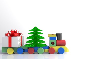 Christmas and New Year's Day, Christmas gift and train on wood table, White gift box on white wall background with space, 3d rendering