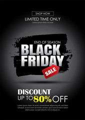 Black friday sale banner with white text on grunge black brush stroke. Use for discount, shopping, promotion, advertising.