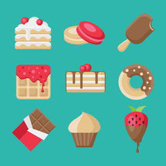 Set of sweets flat icons isolated on blue background. Collection of cake, macaroon, ice cream, donut, chocolate bar, cupcake, wafers, strawberries in chocolate in flat style.
