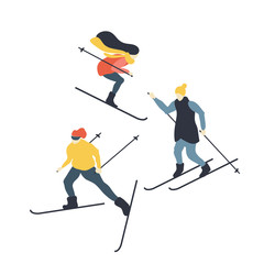 People skiing. Women and men go in for winter sports. Vector illustration.