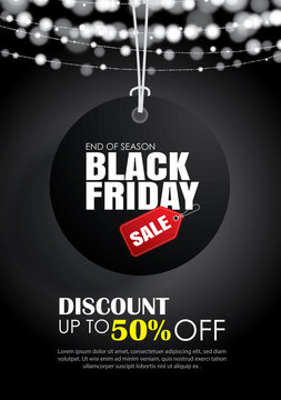 Black friday sale flyer template. Dark background with tag hanging. Use for poster, newsletter, shopping, promotion, advertising.