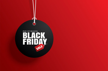 Black friday sale tag circle banner and the rope hanging on red background