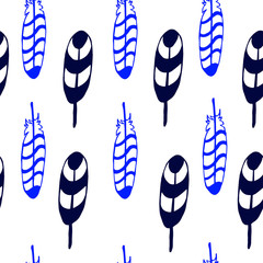 blue hand-drawn feathers seamless pattern