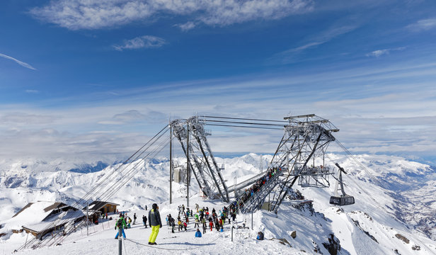 Val Thorens, France - March 1, 2018: Arrival of Cime Caron cable car in Val Thorens ski area