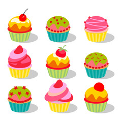 Vector illustration. Set of cute delicious cupcakes and muffins