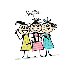 Funny girls do photos with mobile smart phone device using selfie