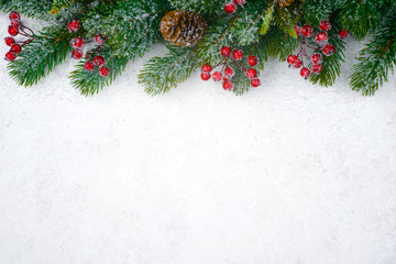 Fototapeta na wymiar Christmas background design with fir tree, copy space and decor