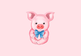 Little pig and blue bow. Isolated on pink. Cute watercolor illustration
