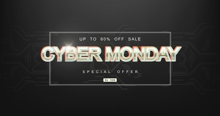 Cyber monday inscription in distorted glitch style on black background. Digital author font, cyber font, advertising discount banner.
