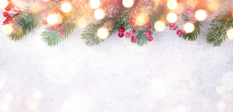 Christmas background with decorated fir tree branch and copy space