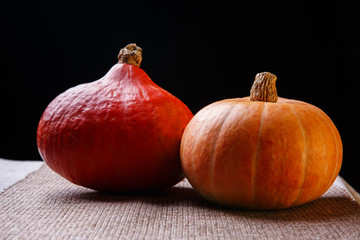 Two red and yellow pumpkins lie on the table side view