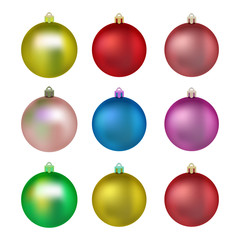 Set of colorful Christmas balls. Balls for christmas tree. Vector illustration. isolated realistic decoration.Symbol of Happy New Year, Xmas holiday celebration, winter.