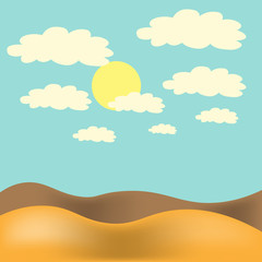 Fototapeta na wymiar Vector illustration. Desert landscape with blue sky, sun and clouds.