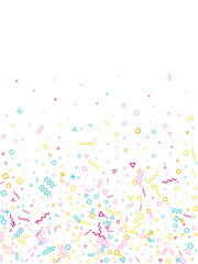 Memphis style geometric confetti vector background with triangle, circle, square shapes, zigzag and wavy line ribbons.