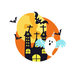 Halloween ghost in a unicorn costume. House with the cute ghost and bat vector in flat design