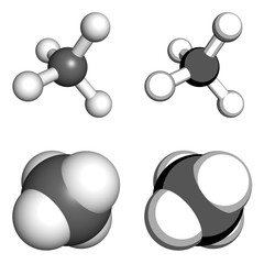 Methane molecule, ball-and-stick and space-filling models.