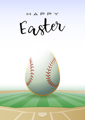 Happy Easter. Sports greeting card. Realistic baseball ball in the shape of Easter egg. Vector illustration.