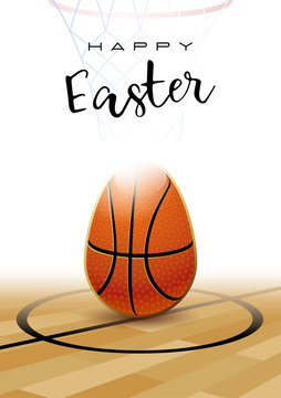 Happy Easter. Sports greeting card. Realistic basketball ball in the shape of Easter egg. Vector illustration.