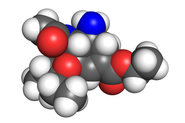 Tamiflu is an oral antiviral medication used to treat and prevent influenza (flu). Space-filling model, convetional coloring scheme.