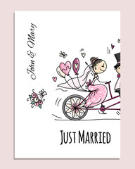 Wedding card design. Bride and groom riding on bicycle