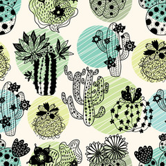 Cactus en fleurs mignons. Modèle sans couture dessiné à la main, parfait pour le tissu, le papier peint.