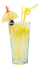 Rum Swizzle alcohol cocktail with lemon and sugar on the border of a tall glass. side view isolated on a white background