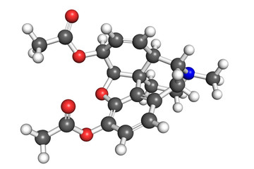 Heroin (diacetylmorphine) molecule, ball and stick model. Atoms are coloured according to convention.
