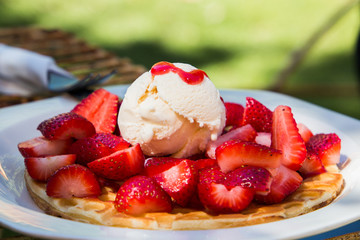 Strawberries & Ice cream waffle close up of food on a white plate.