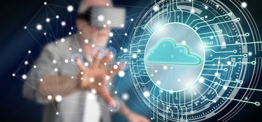 Man touching a cloud computing system concept