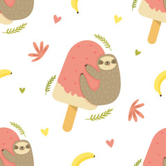 Tropical seamless pattern with sloth and ice cream.