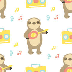 Seamles pattern with cute sloth playing ukulele.