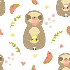 Tropical seamless pattern with sloth chewing bubble gum