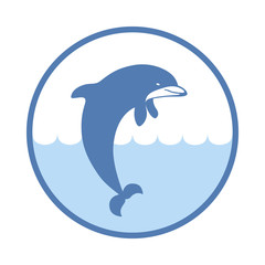 Sign jumping in the sea dolphin. Symbol dolphin in circle. Logo template isolated on white background. Vector illustration