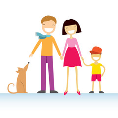 Happy family members parents, their son and a dog. Lovely cartoon characters.Vector illustration