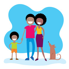 Happy African American family members parents, their son and a dog. Lovely cartoon characters.Vector illustration