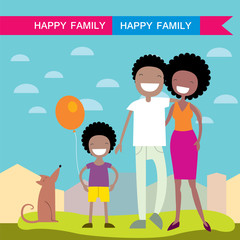 Happy family members parents,their son and a dog. Lovely cartoon characters on nature sunny summer day background.Vector illustration