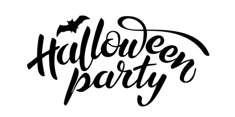 Halloween party vector lettering, holiday calligraphy text with bat illustration.