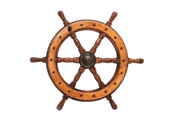 Isolated Vintage Wooden And Brass Ship's Steering Wheel With White Background