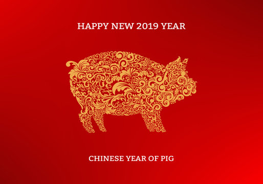 Happy Chinese New Year. Isolated ornament yellow pig on red.