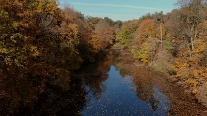 drone rises above lake in autumn forest