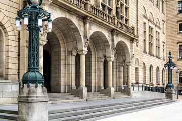 Entrance to the Rotterdam City hall, which is one of the few buildings that survived bombing during the 2nd World War. The building is in Beaux Art style with Byzantine, Roman and Art Deco influences.