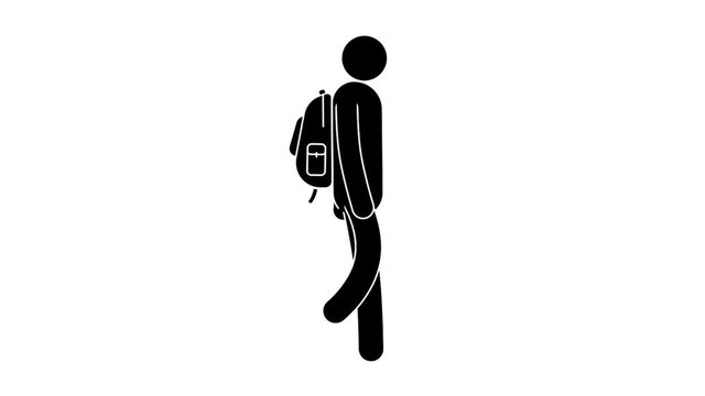 Icon man goes with a small backpack behind his back. Pictograph people. Looped animation with alpha channel.