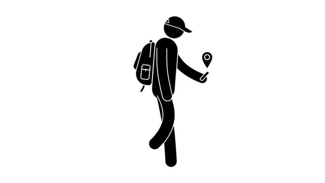 Pictogram man goes with small backpack on his back and smartphone in his hand while orienting himself to the GPS navigator. Icon people. Looped animation with alpha channel.