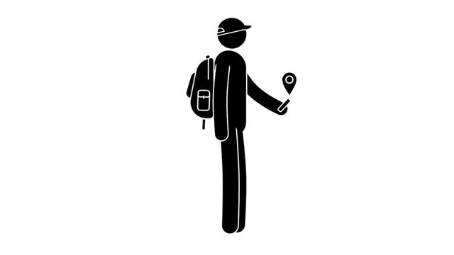 Pictogram  man with a backpack is guided by the GPS navigator in smartphone. Icon people. Looped animation with alpha channel.
