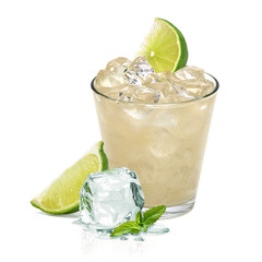 Vodka lime, gimlet or gin tonic with ice in glass on white background